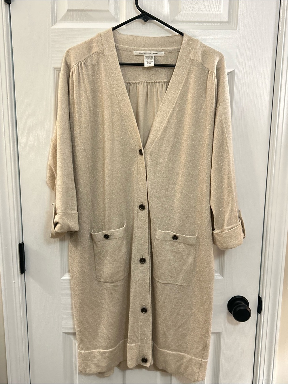 Diane von Furstenberg DVF Wool Silk Metallic Long Cardigan Size L Belt